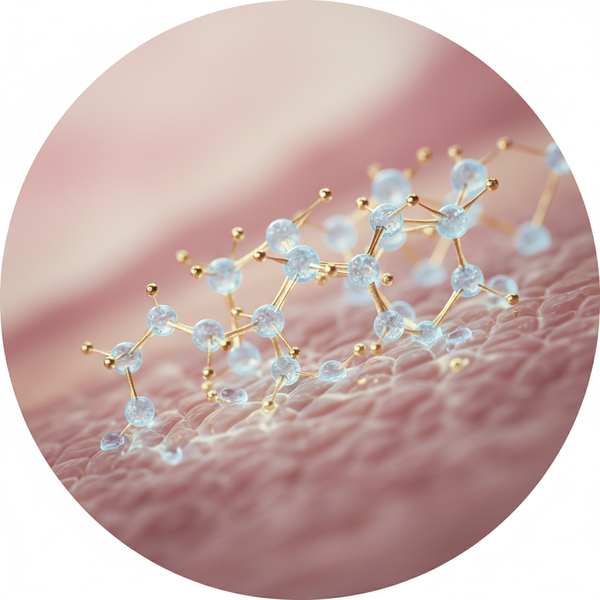 Macro photograph of a glowing, shield-like peptide chain interacting with skin cells, illustrating deep wrinkle repair.