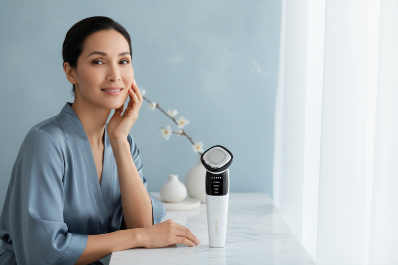 A confident woman with smooth skin gently touches her cheek, beside the Aurex Remover Anti-wrinkle Treatment product, against