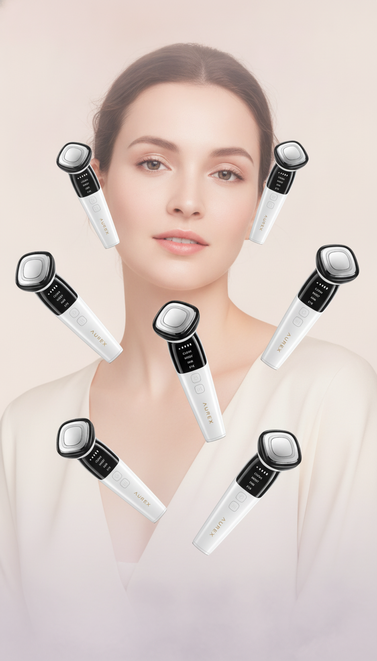 Multiple "Anti-wrinkle Treatment" products centered in a soft, premium, feminine portrait setting with blush pink and warm cr