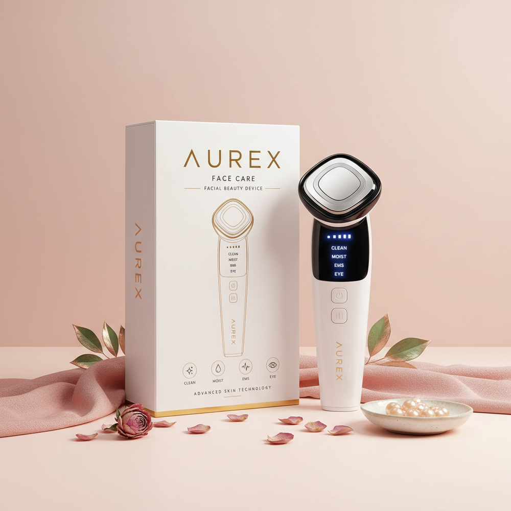 Aurex Remover anti-wrinkle treatment bottle on a blush pink and warm cream gradient background.