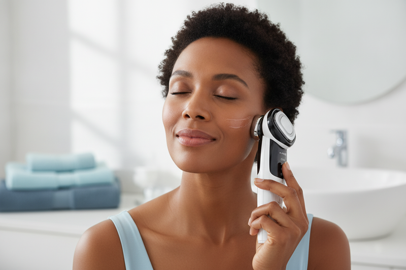A woman in her late 30s applies anti-wrinkle treatment to her face in a bright, modern bathroom.