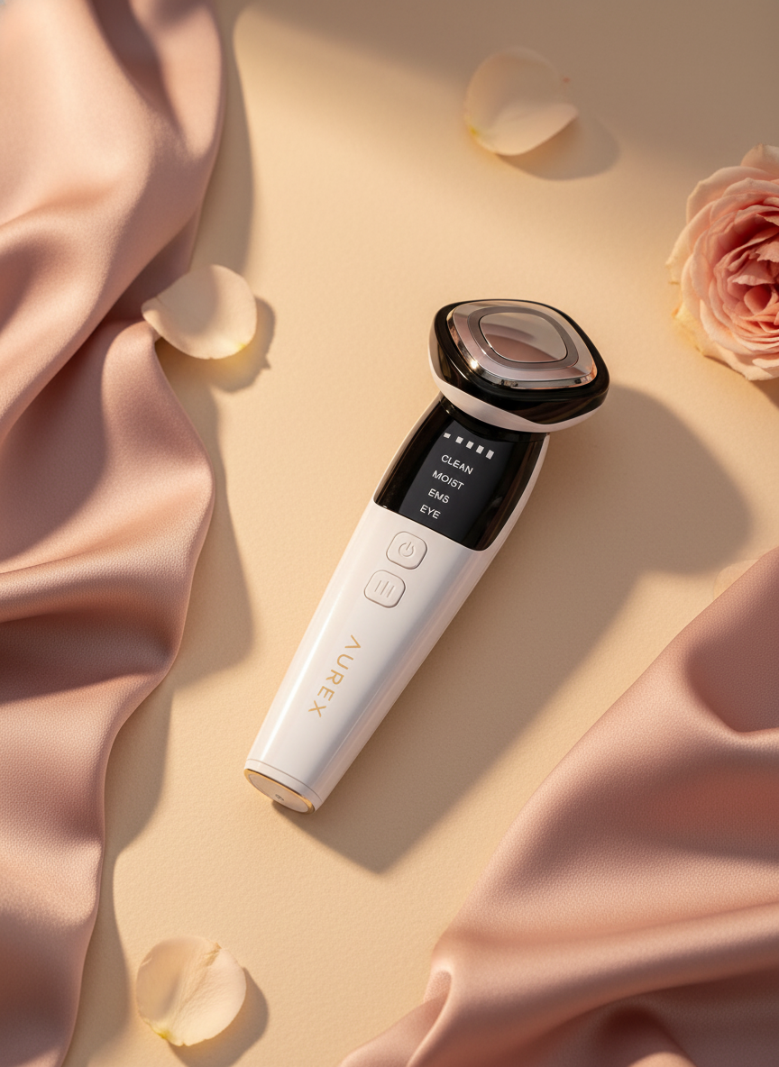 Anti-wrinkle Treatment bottle on a warm cream surface with blush pink and rose silk fabric, soft lighting.